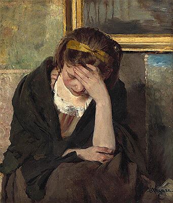 A seated young woman resting her head in her hand.