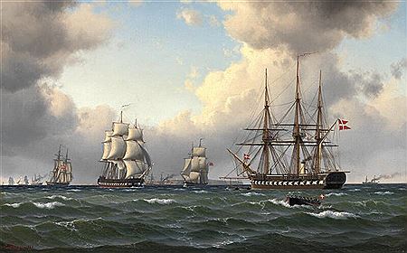 A fresh gale in the Sound off the coast at Vedbæk, Denmark. The frigate Tordenskjold at anchor.