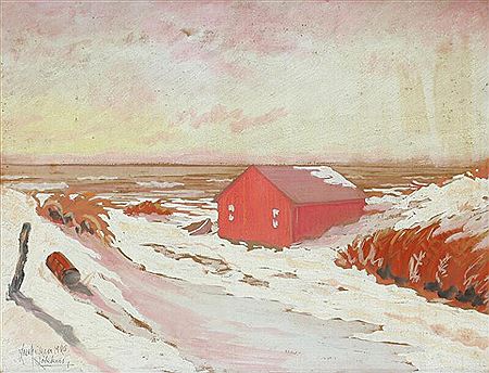 Winter landscape with a red house.