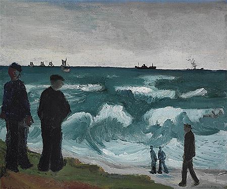 “Havbillede” (Seascape with figures and ships)