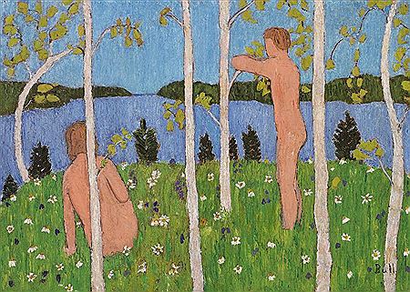 Bathers among birch trees