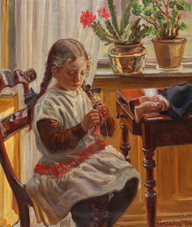 The artist's daughter Ellen knitting, 7 years old.