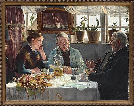 Interior with a woman and two older men drinking coffee and schnapps