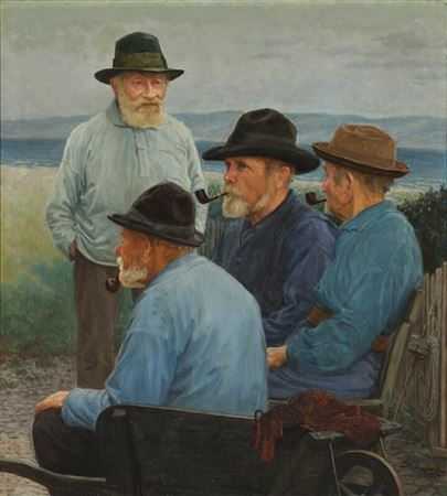 Pipe smoking fishermen in conversation