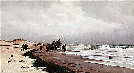 Beach scene with fishermen on their way out with the lifeboat.