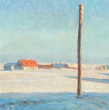 A sunlit winter scenery with a telephone pole.