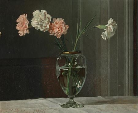 Still life with white and pale pink carnations in a glass vase. by Gustav-Vilhelm Blom - Auction record, sale price, and art valuation. Compare with similar artists and explore comparable artworks.