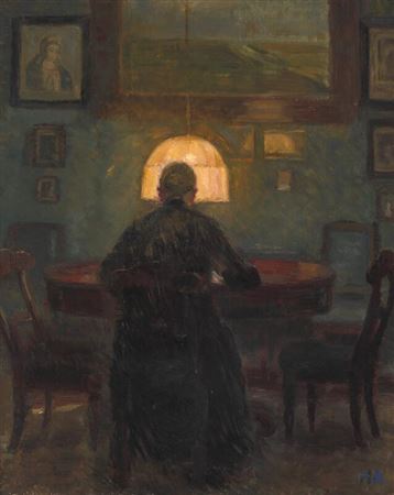 Interior with Helga's aunt Marie Brøndum (1851–1945) reading in the blue room, evening