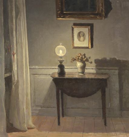 Interior with kerosene lamp on a folding table