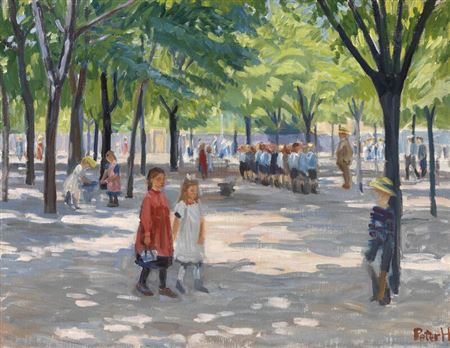 A spring day with new-leaved linden trees at Enghave Plads. Two little girls in a red and a white dress walking hand in hand across the square. In the background, a group of boys lining up in front of their teacher.