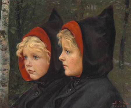 “Ragna og Gudrun. Dobbeltportræt”. Portraits of Ragna og Gudrun in hooded coats with red lining.