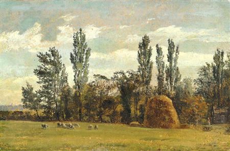 “Landskabsstudie med høstak, høje træer, græssende får og udsigt til København”. Landscape with haystack, tall trees, grazing sheep and a view towards Copenhagen. by Christen Kobke - Auction record, sale price, and art valuation. Compare with similar artists and explore comparable artworks.