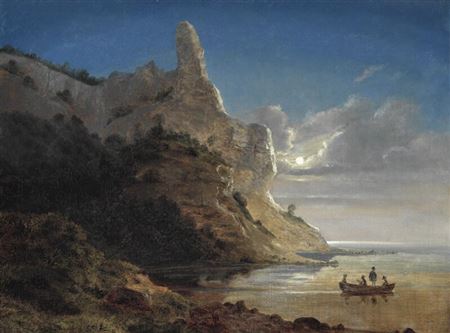 Evening atmosphere with moonlight at the Cliffs of Møn. In the foreground a rowing boat. In the background “Sommerspiret”