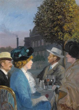 “Udenfor Wivel”. Outside Wivel. Two couples enjoying a glass of wine