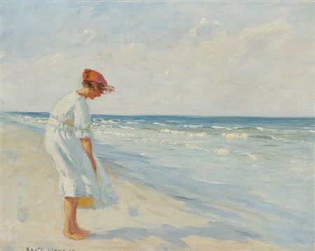 A young woman in a summer dress dabbling at the beach. by Aage Wang - Auction record, sale price, and art valuation. Compare with similar artists and explore comparable artworks.