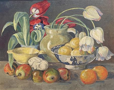 Still life with tulips and fruits by Gudrun Trier Morch - Auction record, sale price, and art valuation. Compare with similar artists and explore comparable artworks.