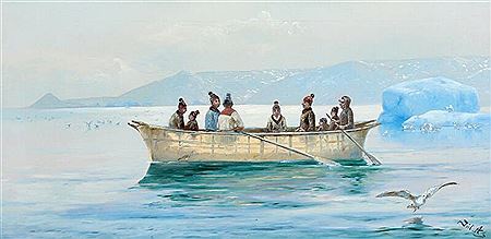 Greenlandic coastalscape with Inuits setting out in a boat