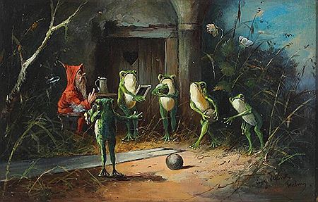 An elf and five frogs on a bowling alley in the forest floor.
