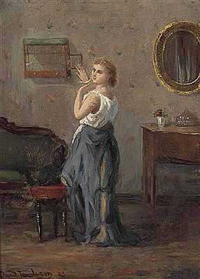 Interior with a young woman with a canary