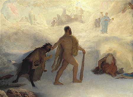 Hercules bringing the satyr to Olympus to be judged by the gods. Scene from “La légende des siècles” by Victor Hugo.