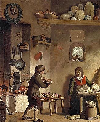 Kitchen scene. A man smoking a pipe bringing vegetables to a farmer's wife who is cutting a head of cabbage