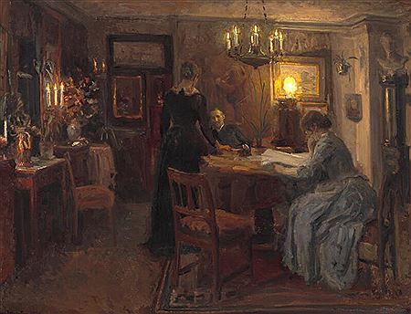 Interior from the artist's home with the artist's wife Martha Johansen, his good friends the painter L. A. Ring and Helene Christensen by Viggo Johansen - Auction record, sale price, and art valuation. Compare with similar artists and explore comparable artworks.