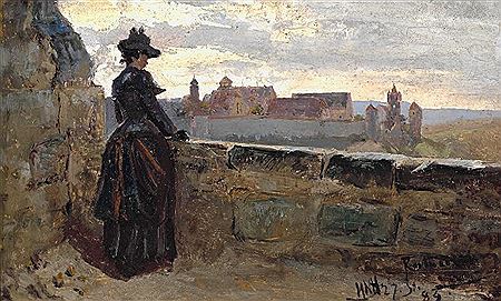 The artist's young wife admirers the view over Rothenburg.