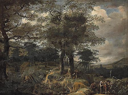A wooded landscape with shepherds.