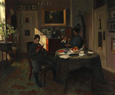 Interior with a mother and her children