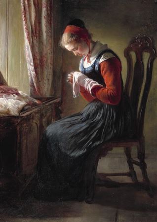 The stocking-mender. Interior with a young woman in a traditional folk costume from North Zealand sitting by the window and sewing