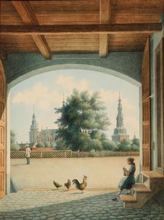 “Fra Gæstgiver Heegaards Port”. Frederiksborg Castle seen from a gate nearby
