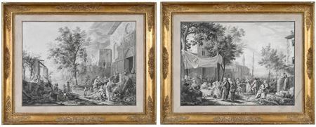 Two large drawings: Fete villageoise AND L’Aumone devant l’Eglise
