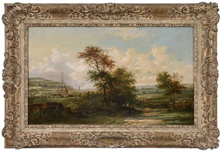 A Breezy River Landscape, with boating and figures resting by a tributary