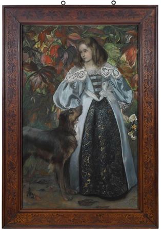 Pre-Raphaelite Portrait of a Girl in Garden with a Dog, 1890