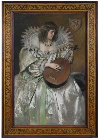 Pre-Raphaelite Portrait of a Woman in Elizabethan Style White Gown Playing a Mandolin