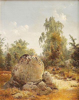 Figures in a landscape near Fontainebleau