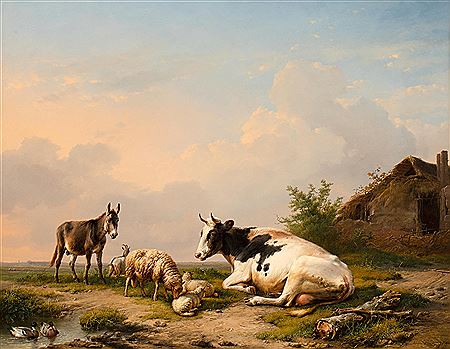 Cow, sheep and donky on the farmstead, 1847