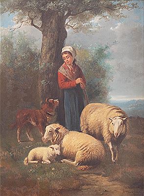 Shepherdess with sheep and dog under a tree, 1869