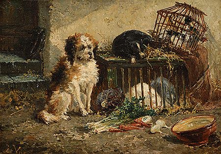 Two dogs at the chicken and rabbit hutch