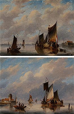 Pair: Marine with fishing boats under cloudy sky