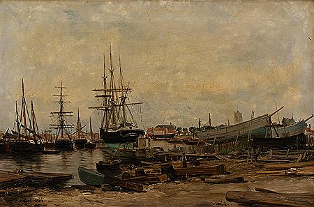 Shipyard with presumably the Saint-Éloi Belfry of Dunkirk in the background