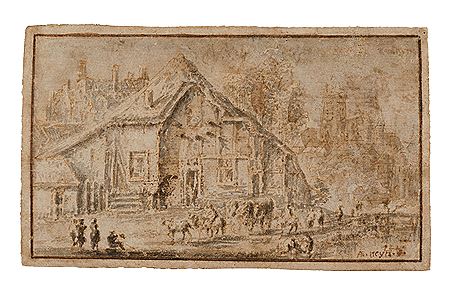 Landscape with a farmstead and travelers on a road