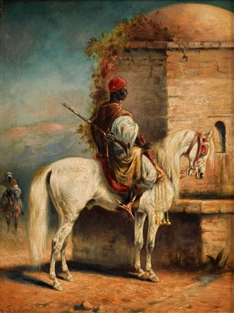 Moorish rider on horseback at the watering hole.