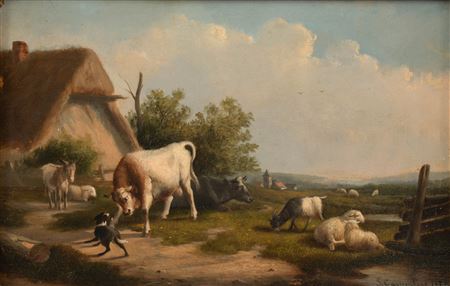 Cows, donkey, sheep and dog in front of the farmstead.