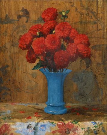 Still life with peonies with a chinoiserie background
