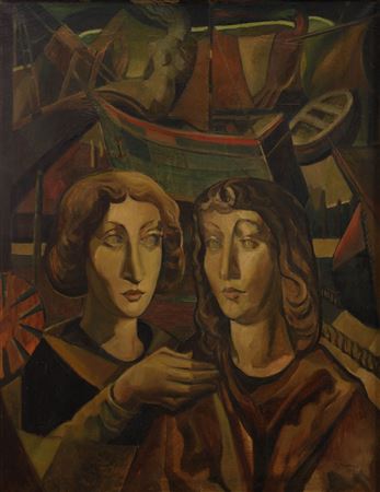 Harbour scene with two figures