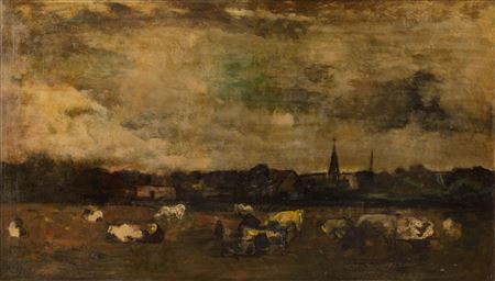 Cows with a village in the background, 1947