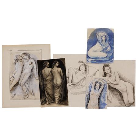 A lot of six study drawings depicting nudes
