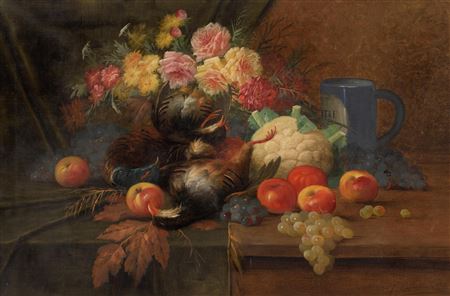 Still life with poultry, fruit and flowers
