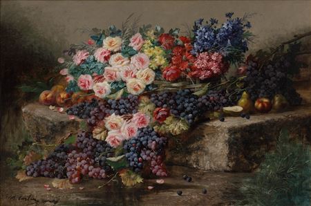 Still life with flowers, bunches of grapes, peaches, apples and pears on stone base